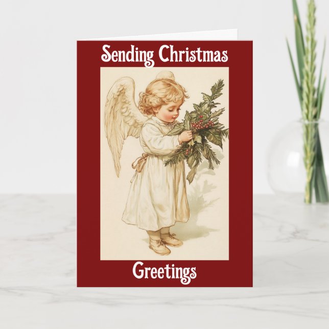 Vintage Angel With Holly Christmas Greeting Card (Front)