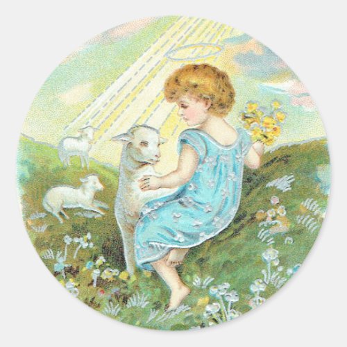 Vintage Angel With Lambs Classic Round Sticker