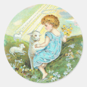Vintage Angel With Lambs Classic Round Sticker
