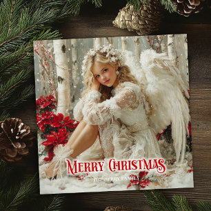Vintage angelic angel red white gold chic greeting holiday card