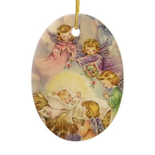Vintage Angels Around Baby Jesus Ceramic Ornament