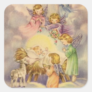 Vintage Angels Around Baby Jesus Square Sticker