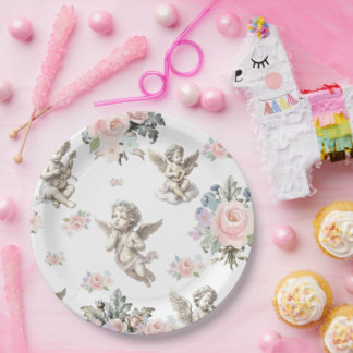 Vintage angels Cherubs and Pastel Floral tile Paper Plates