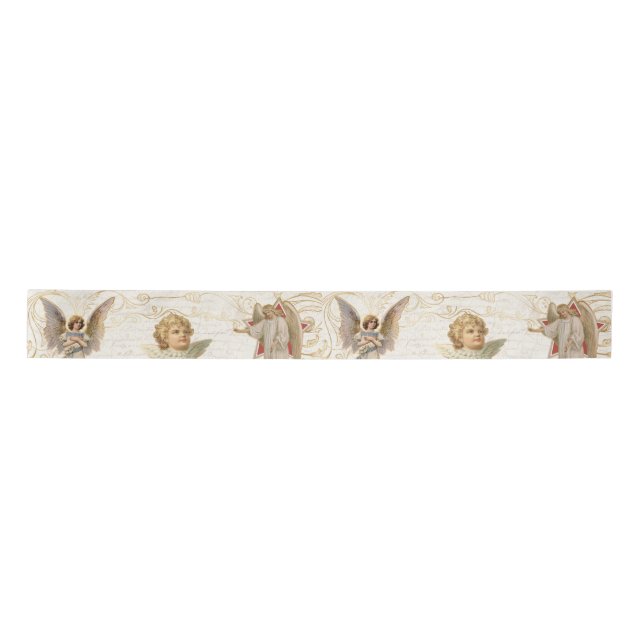 Vintage Angels Gold Christmas Elegant Script Satin Ribbon (Front)