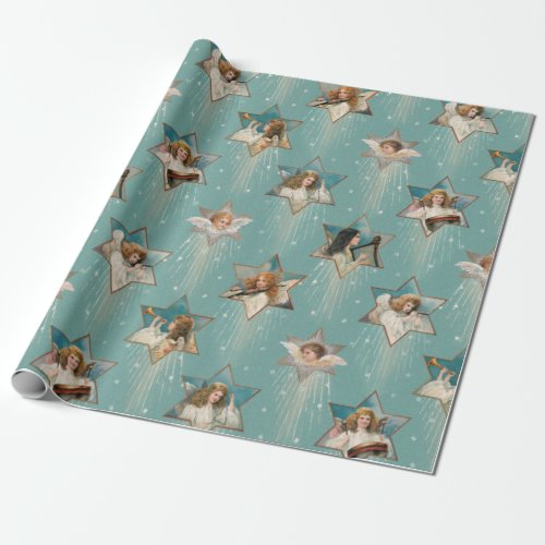Vintage Angels in Stars with Musical Instruments Wrapping Paper