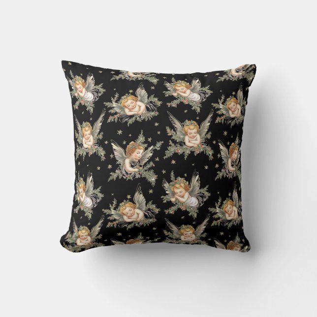 Vintage angels pattern black throw pillow (Front)
