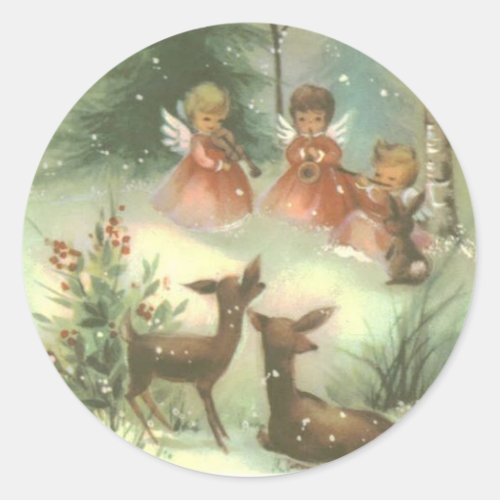 Vintage Angels Playing Music With Deer Classic Round Sticker