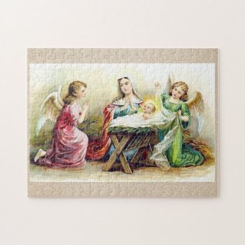 Vintage Angels Surrounding Baby Jesus And Mary Jigsaw Puzzle by santasgrotto at Zazzle