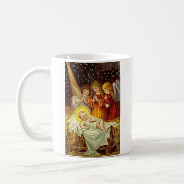 Vintage Angels Visiting the Baby Jesus Coffee Mug (Left)