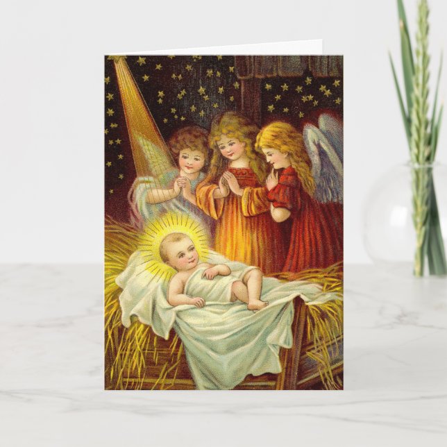 Vintage Angels Visiting the Baby Jesus Holiday Card (Front)