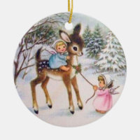 Vintage Angels With Christmas Baby Deer Ceramic Ornament
