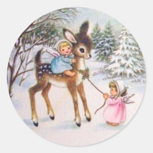 Vintage Angels With Christmas Baby Deer Classic Round Sticker