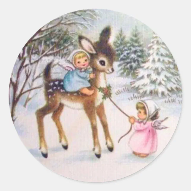 Vintage Angels With Christmas Baby Deer Classic Round Sticker | Zazzle