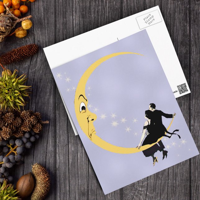 Vintage Angry Crescent Moon Face Stars Couple Postcard (Couple sitting on yellow crescent moon with angry face stars on blue postcard.)