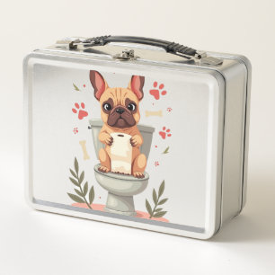 Vintage Angry French Bulldog Holding Toilet Paper Metal Lunch Box