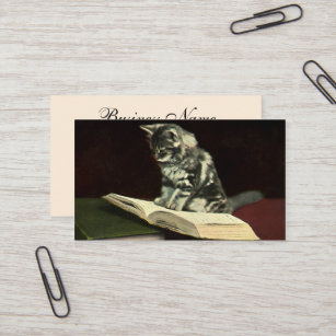 Vintage Animal, Cute Victorian Kitten Reading Book Business Card
