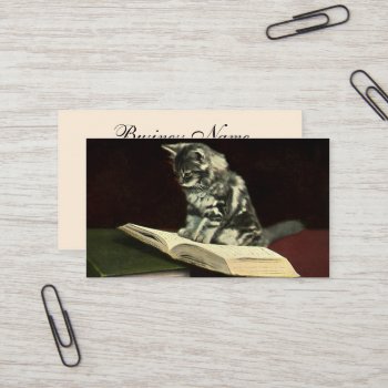 Vintage Animal  Cute Victorian Kitten Reading Book Business Card by Tchotchke at Zazzle