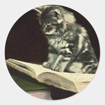 Vintage Animal  Cute Victorian Kitten Reading Book Classic Round Sticker by Tchotchke at Zazzle