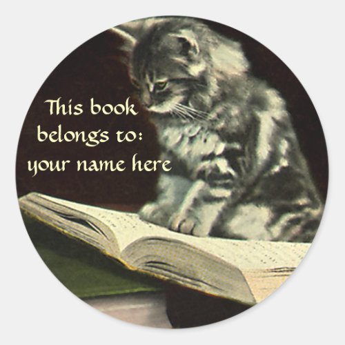 Vintage Animal Kitten Reading a Book Bookplate