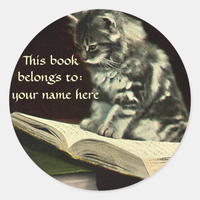 Vintage Animal, Kitten Reading a Book Bookplate (Front)