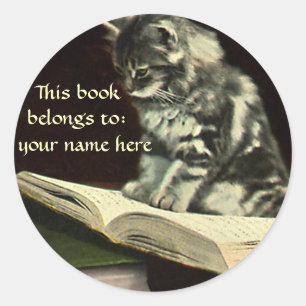 Vintage Animal, Kitten Reading a Book Bookplate