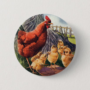 Vintage Animals, Chicken with Baby Chicks on Farm Button