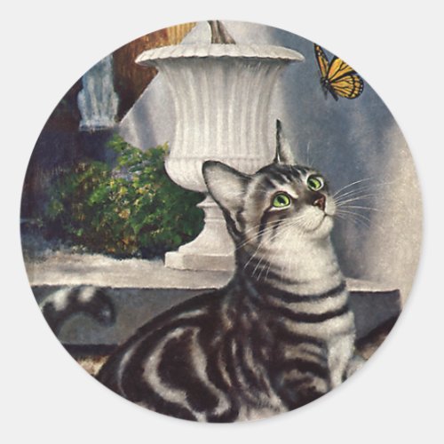 Vintage Animals Cute Tabby Cat snd Butterfly Classic Round Sticker