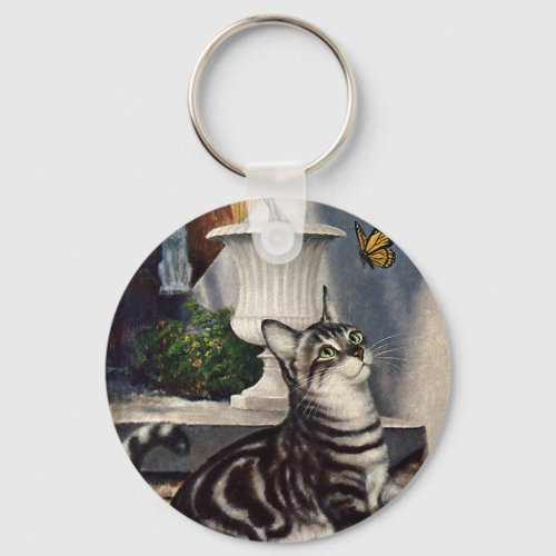 Vintage Animals Cute Tabby Cat snd Butterfly Keychain