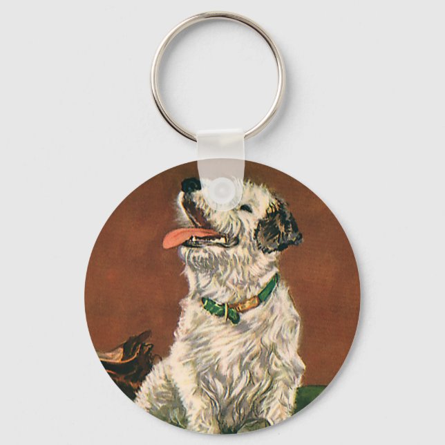 Vintage Animals, Cute Terrier Puppy Chewing Shoes Keychain (Front)