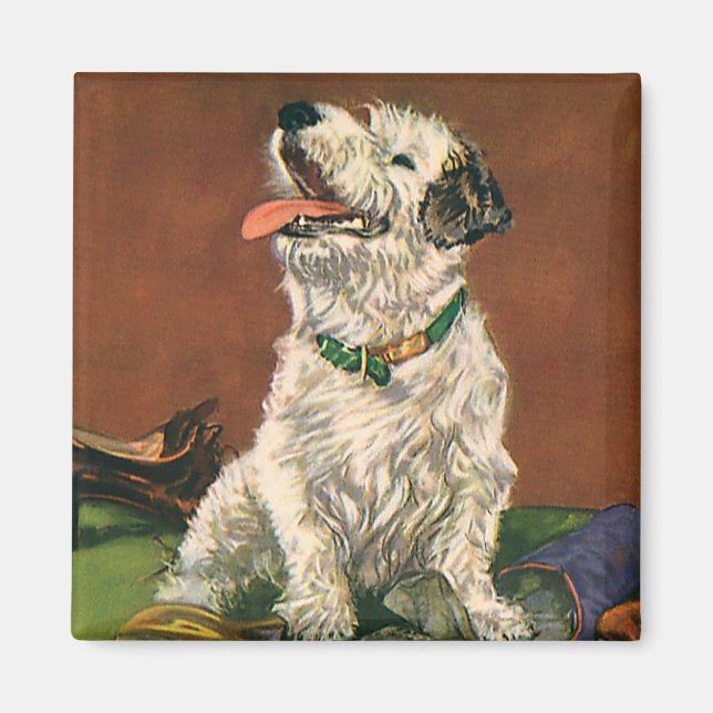 Vintage Animals, Cute Terrier Puppy Chewing Shoes Magnet (Front)