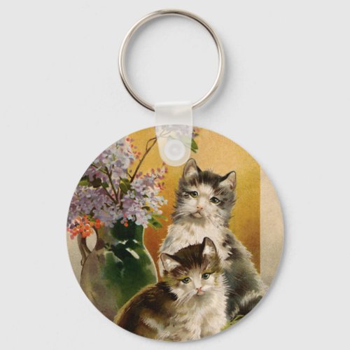 Vintage Animals Cute Victorian Cats and Flowers Keychain