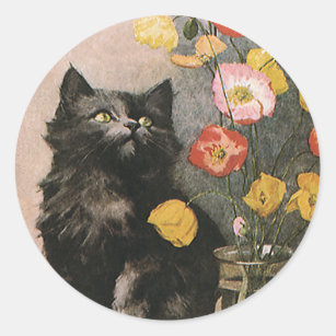 Vintage Animals, Cute Victorian Kitten and Flowers Classic Round Sticker