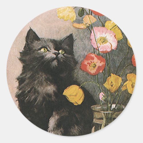 Vintage Animals Cute Victorian Kitten and Flowers Classic Round Sticker