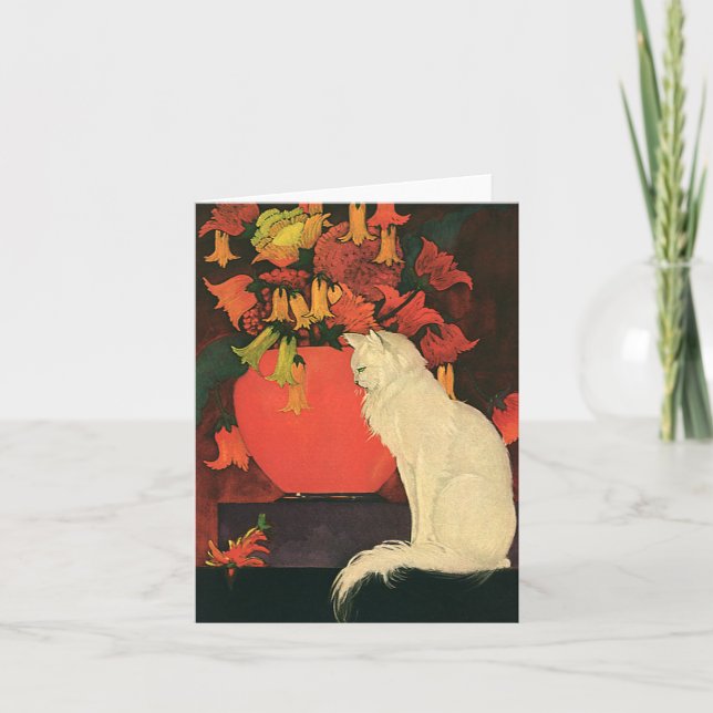 Vintage Animals, Elegant White Cat, Autumn Flowers Card (Front)