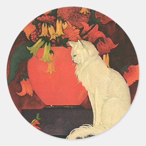 Vintage Animals Elegant White Cat Autumn Flowers Classic Round Sticker