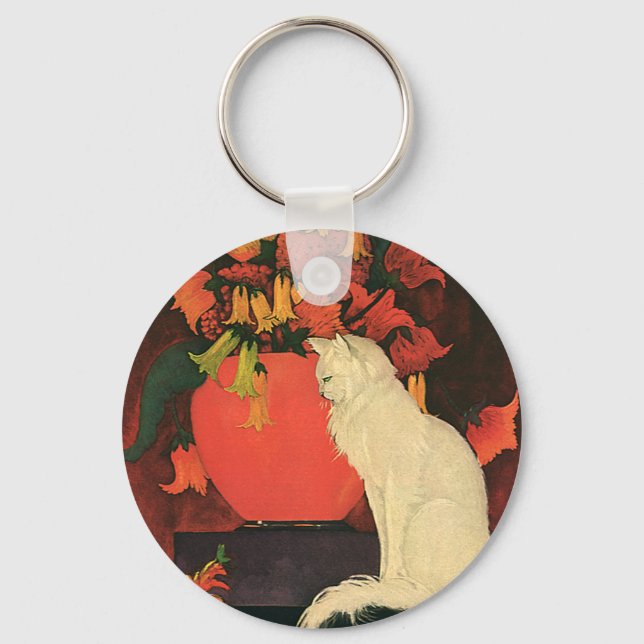 Vintage Animals, Elegant White Cat, Autumn Flowers Keychain (Front)