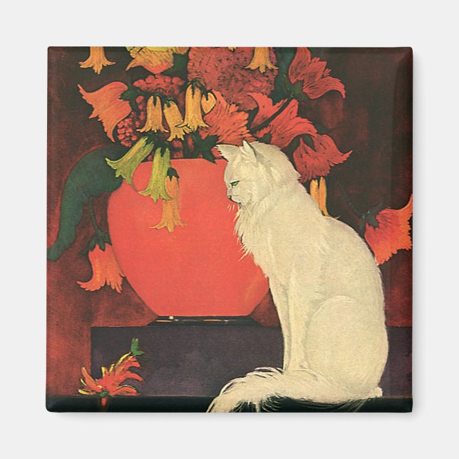 Vintage Animals, Elegant White Cat, Autumn Flowers Magnet (Front)
