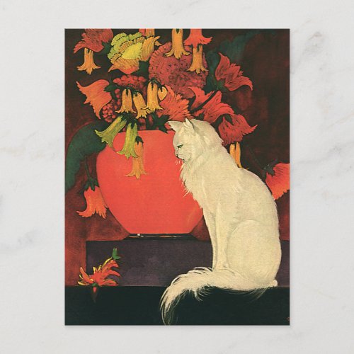 Vintage Animals Elegant White Cat Autumn Flowers Postcard