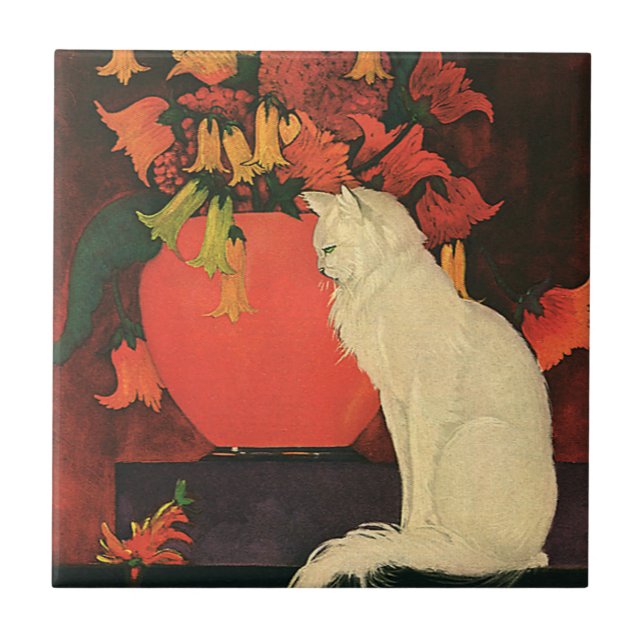 Vintage Animals, Elegant White Cat, Autumn Flowers Tile (Front)