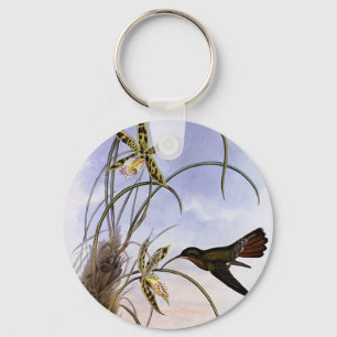 Vintage Animals, Hummingbird Bird Orchid Flowers Keychain