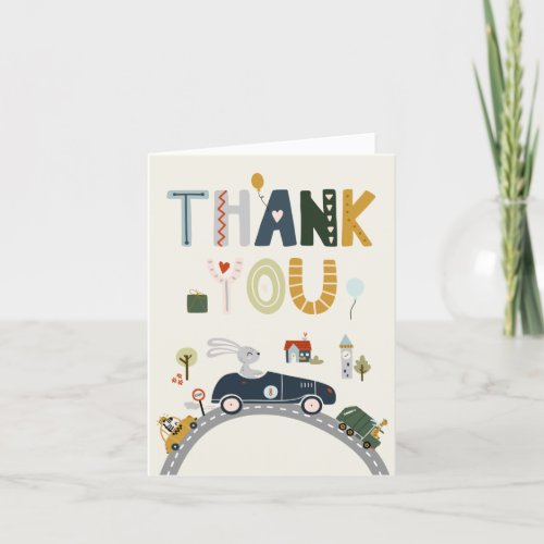 Vintage Animals in Cars Birthday Thank You Card