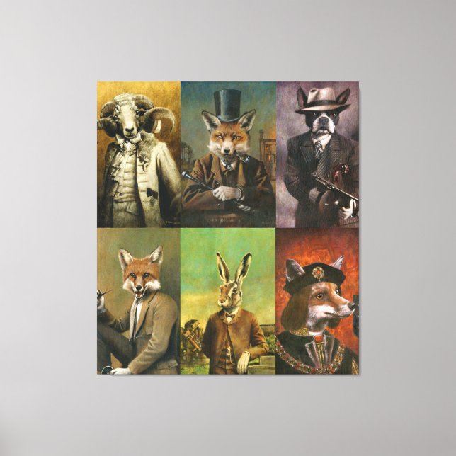 Vintage Animals In Clothes Montage Canvas Print (Front)
