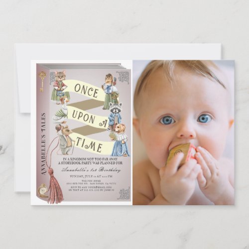 Vintage Animals Storybook Photo 1st Birthday Invitation