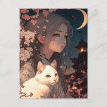 Vintage Anime Girl With Cat Postcard