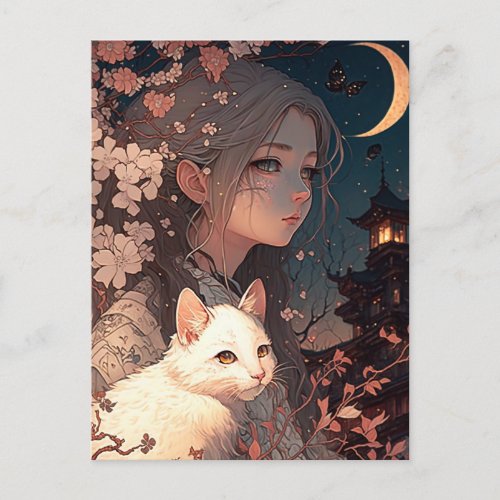 Vintage Anime Girl With Cat Postcard