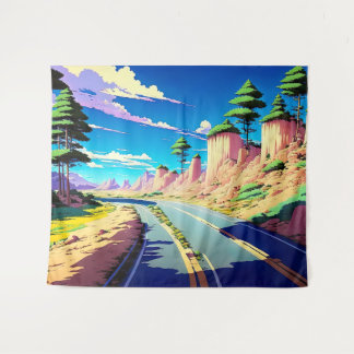 Vintage Anime Road Scenery Tapestry