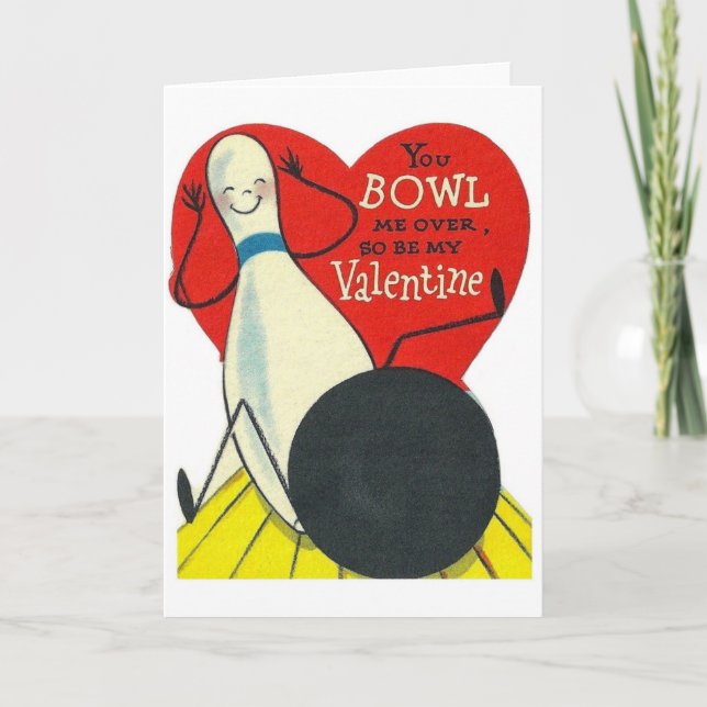 Vintage Anthropomorphic Bowling Valentine Holiday Card (Front)