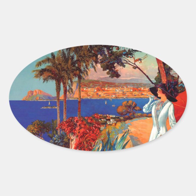 Vintage Antibes Cote D'Azur Travel Oval Sticker (Front)