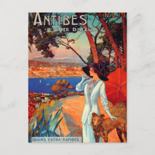 Vintage Antibes Cote D'Azur Woman & Dog Postcard