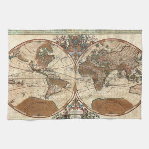 vintage antique 1691 Sanson map of the world Kitchen Towel